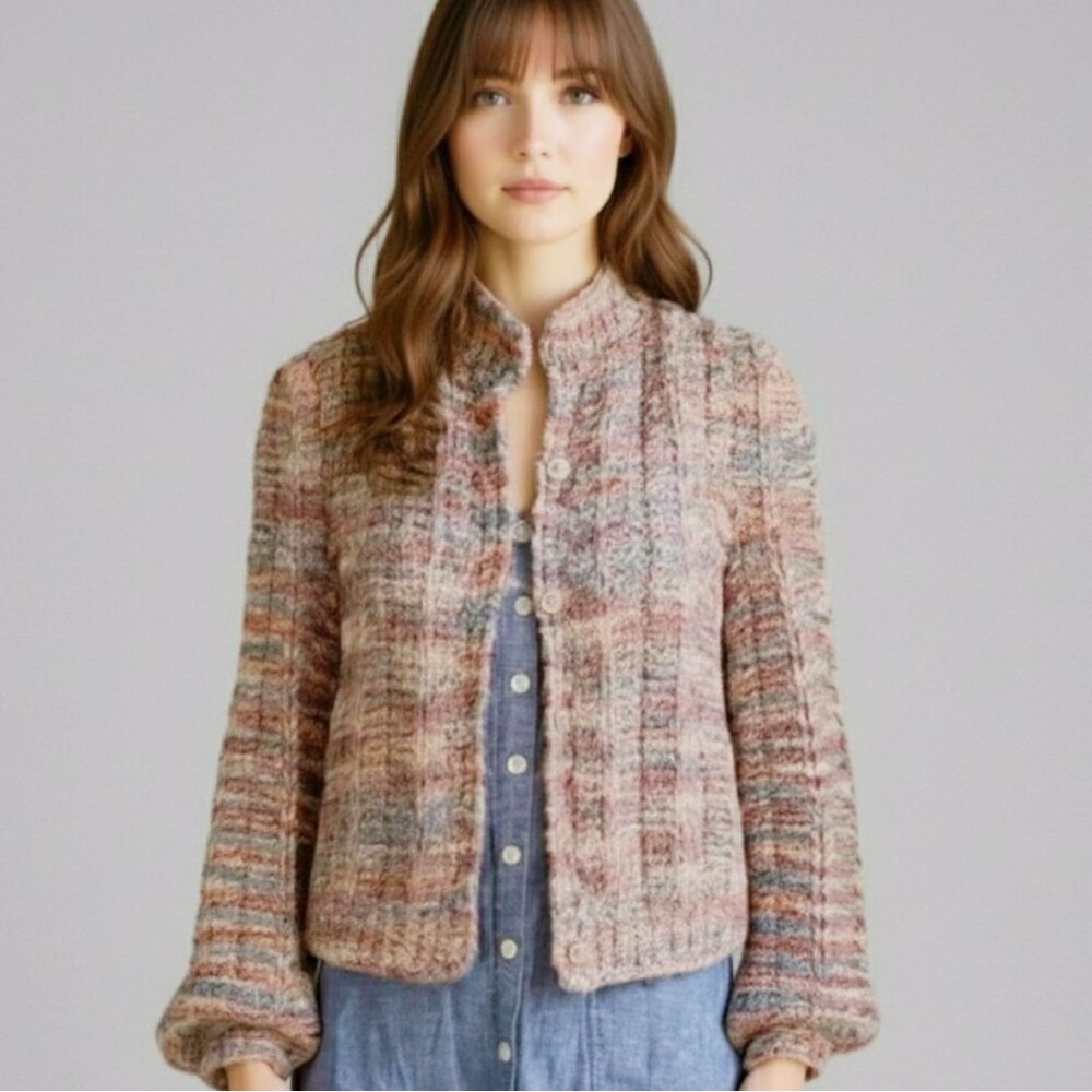 Vintage Women's Boho Space Dye Balloon-Sleeve  Chunky Cardigan Sweater Medium